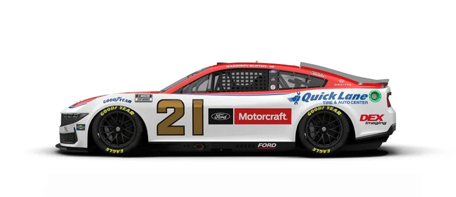 Harrison Burton will drive the No. 21 Motorcraft/Quick Lane Ford.