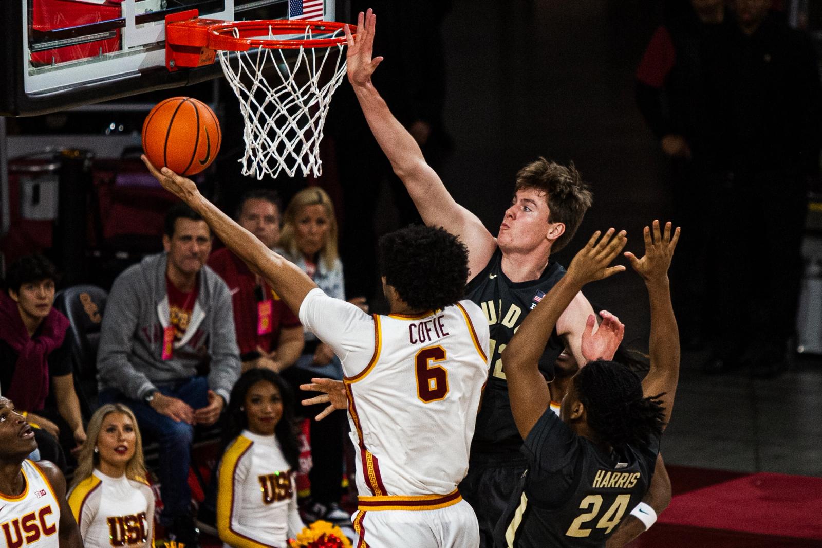 USC center Gabe Dynes goes up for a dunk against Purdue during the January 17, 2026 game at the Galen Center in Los Angeles.