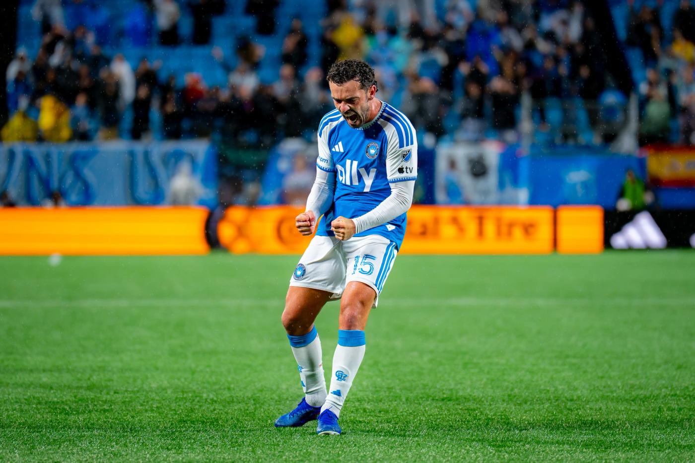 Charlotte FC player celebrates during a rainy 3-2 comeback win over FC Dallas at Bank of America Stadium. Photo Credit: Arturo Rosales Sevilla/Undrafted