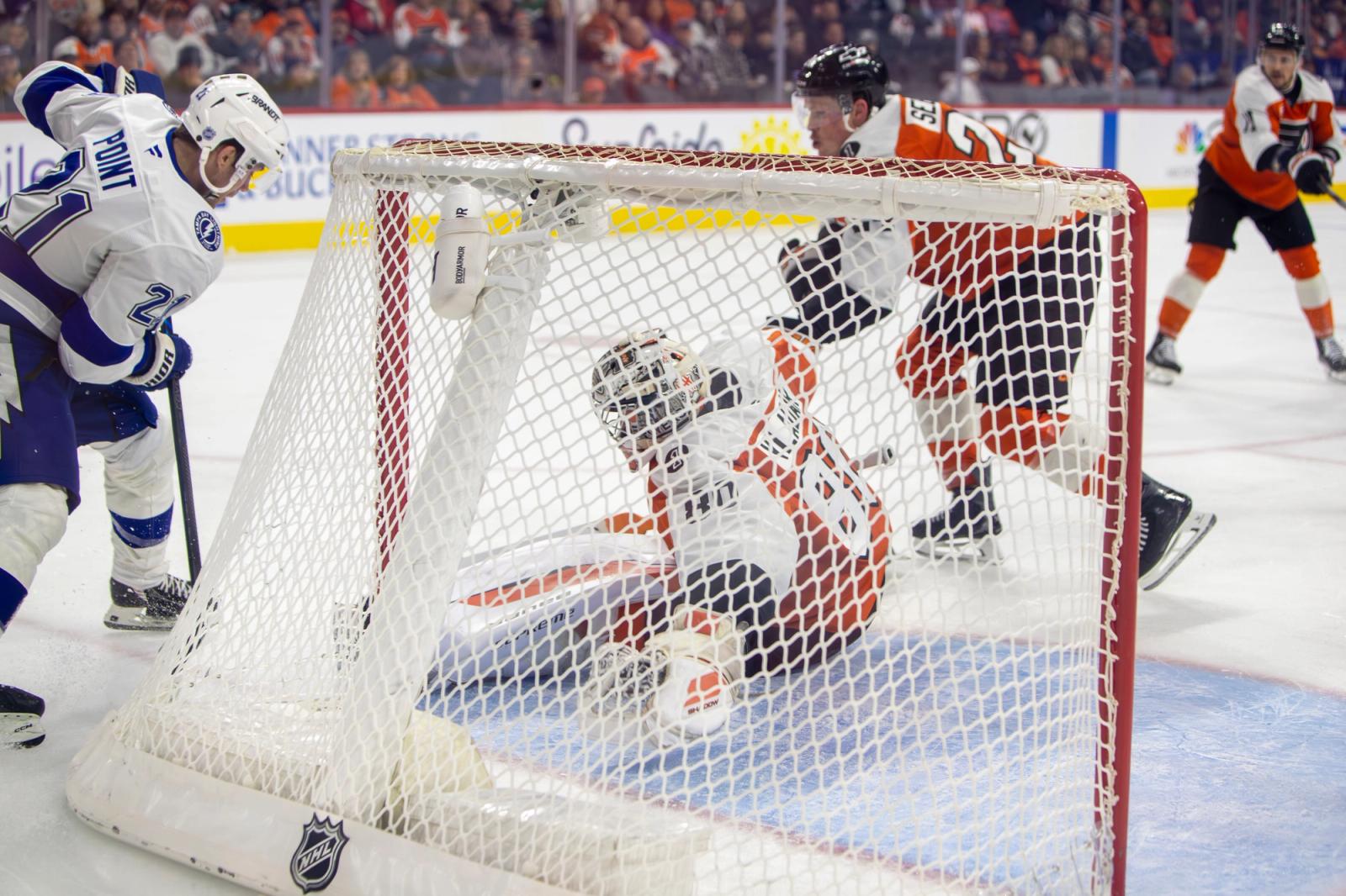 The Flyers goaltender is down as the Lightning attack the net during the January 12, 2026 game at Xfinity Mobile Arena in Philadelphia.