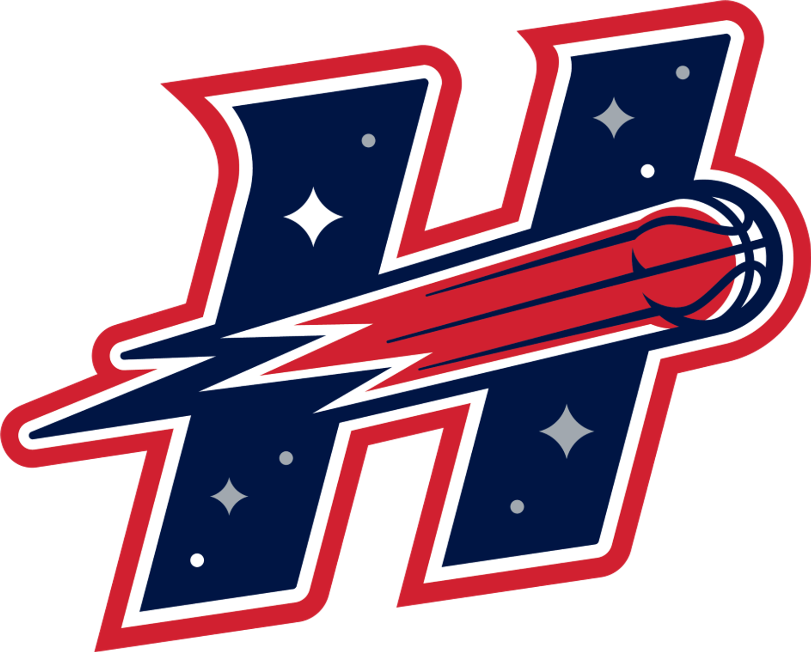 The Houston Comets' new primary logo: an angled navy H with a red comet basketball streaking through its center and four-pointed stars inside the letter.