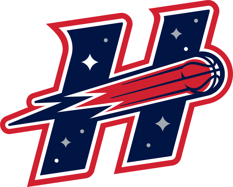 The Houston Comets' new primary logo: an angled navy H with a red comet basketball streaking through its center and four-pointed stars inside the letter.