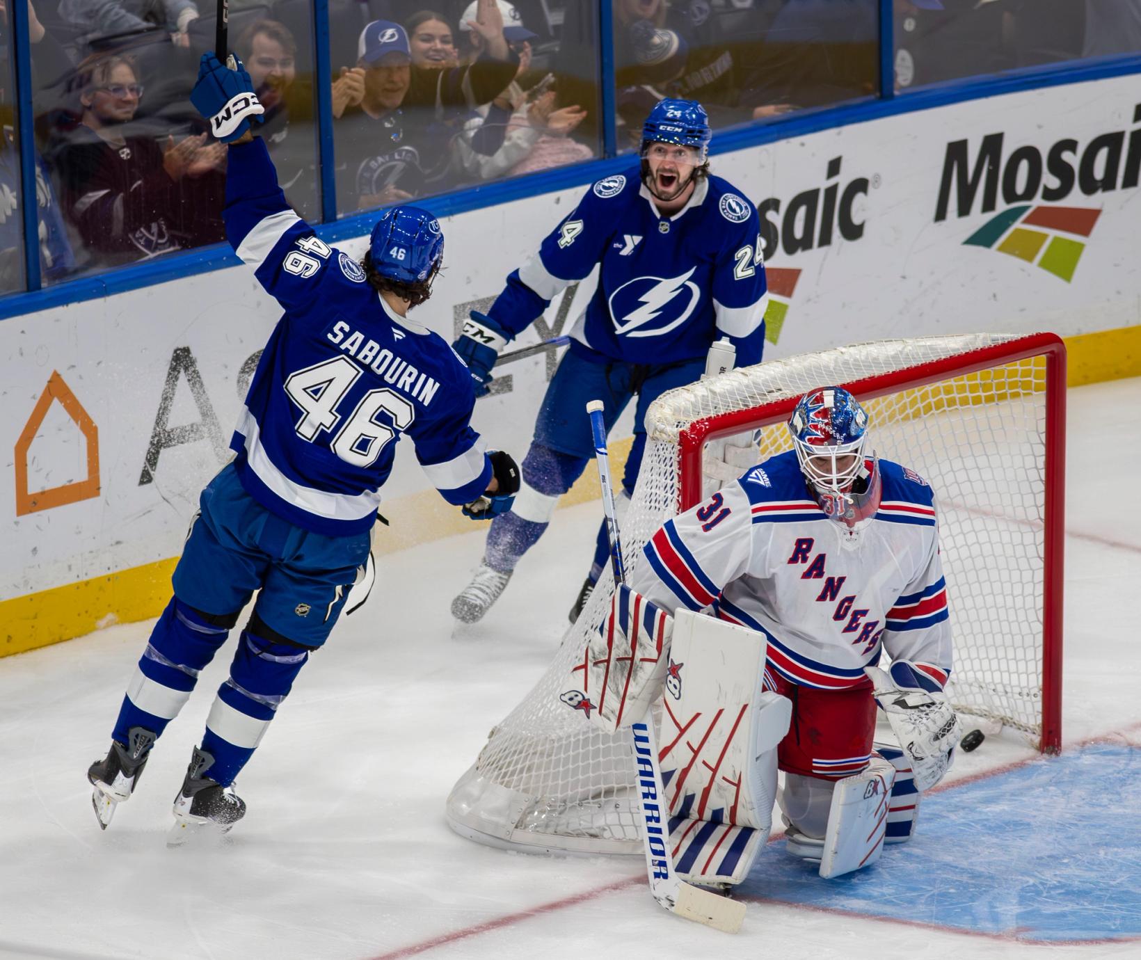 Rangers forward Will Cuylle celebrates a goal during the November 12, 2025 game against the Lightning at Benchmark International Arena in Tampa.