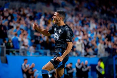 A Charlotte FC player celebrates a goal in front of the home crowd against CF Montréal at Bank of America Stadium — Photo Credit: Arturo Rosales Sevilla/Undrafted