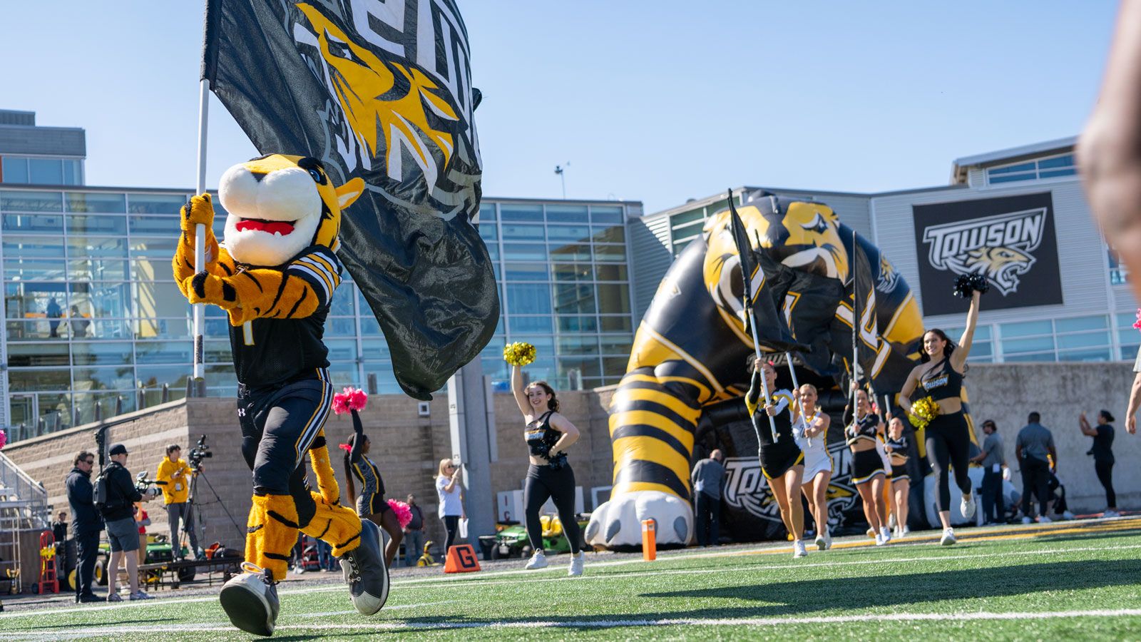 Towson mascot Doc leads the Tigers football team onto the field before a home game, file photo; used with Towson's 44-13 win over Hampton on Oct. 31, 2026