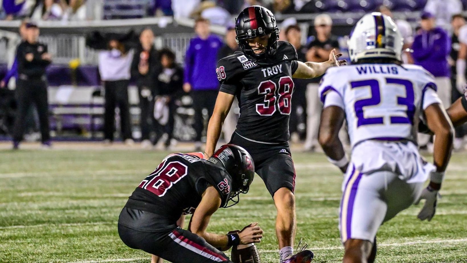 Troy kicker Hayden Wolfe during the Trojans' 24-21 overtime win at James Madison on Oct. 29, 2026, at Bridgeforth Stadium in Harrisonburg, Va.