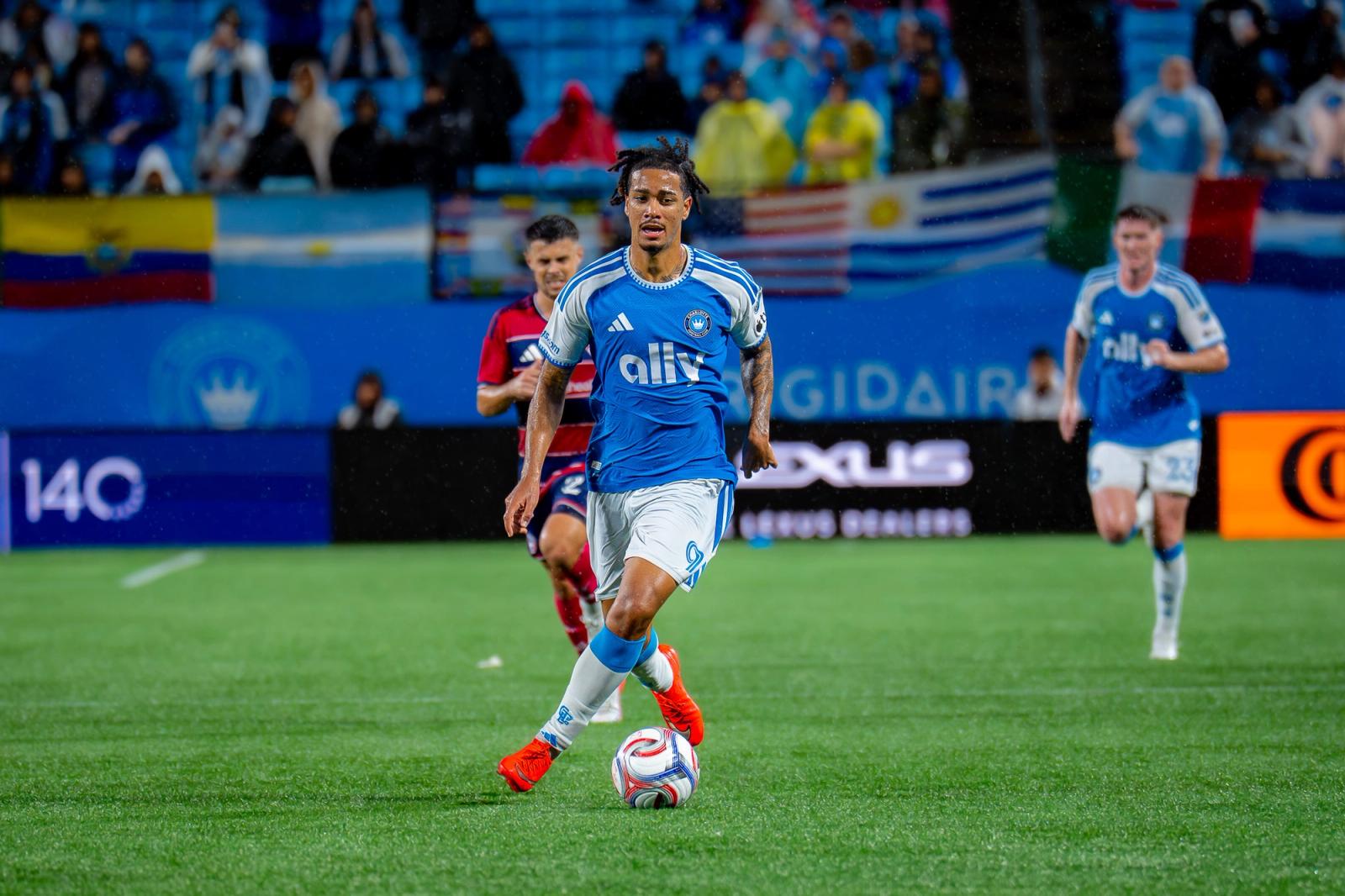 Charlotte FC player dribbles under the lights against FC Dallas. Photo Credit: Arturo Rosales Sevilla/Undrafted