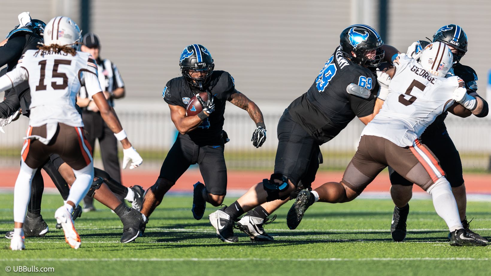 Buffalo running back Messiah Burch carries the ball through a hole against Bowling Green at Broadview Stadium during the Bulls' 31-24 win on Oct. 24, 2026