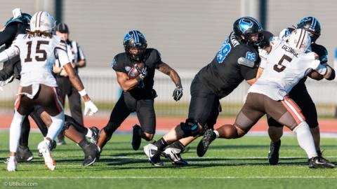 Buffalo running back Messiah Burch carries the ball through a hole against Bowling Green at Broadview Stadium during the Bulls' 31-24 win on Oct. 24, 2026