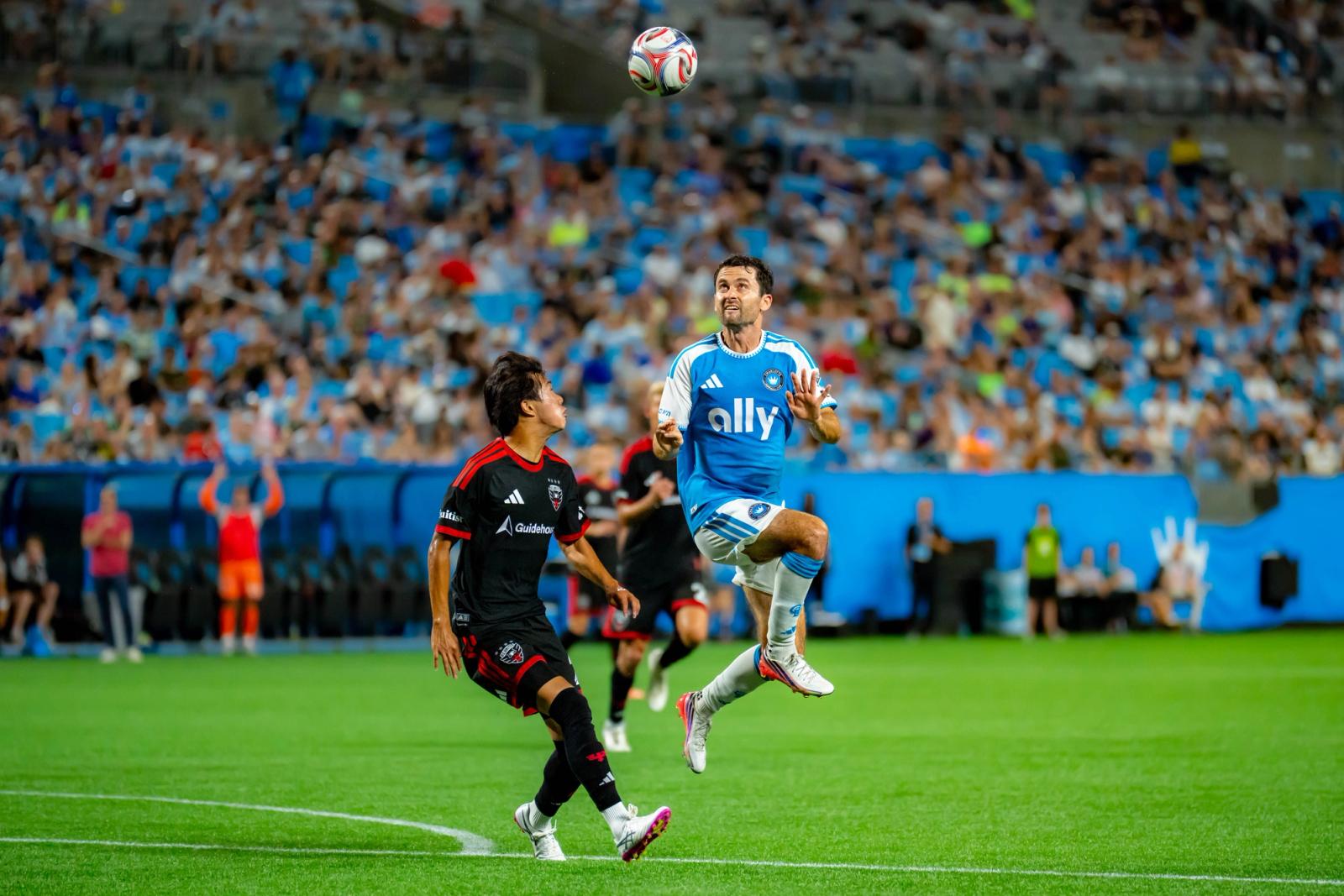 A Charlotte FC player rises to head the ball in a crowded D.C. United penalty area during the August 22, 2026 match at Bank of America Stadium.