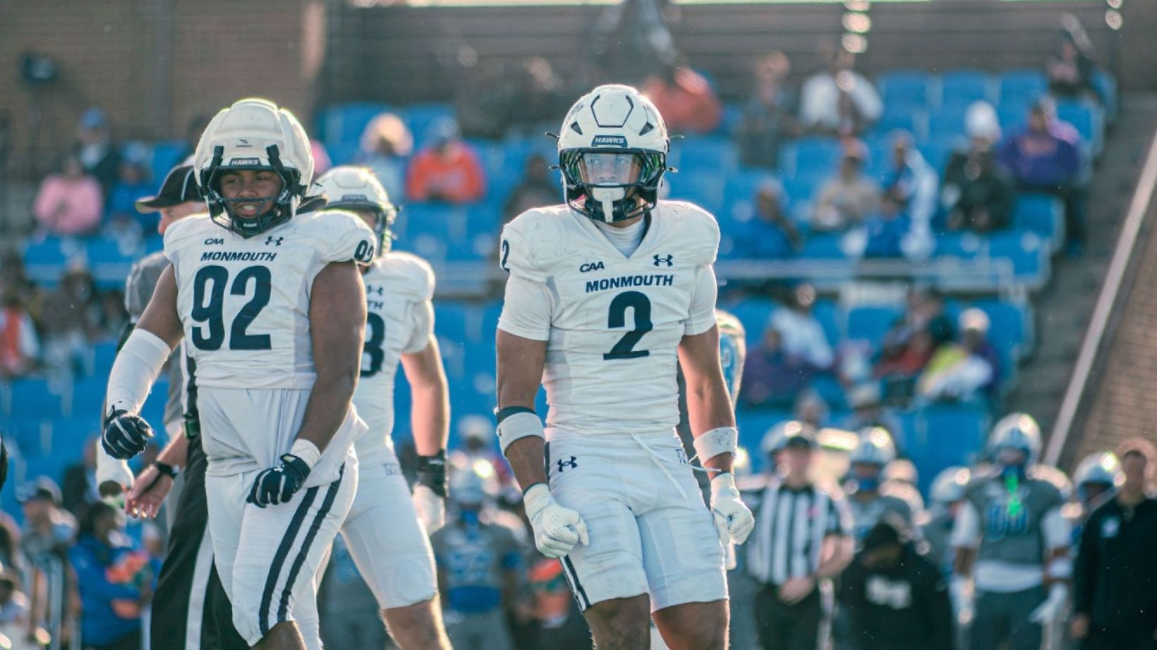 Monmouth defensive back Jaeden Jones during the Hawks' overtime win at Hampton on Oct. 24, 2026, file photo; used with Monmouth's 34-21 win over Bryant on Oct. 31, 2026