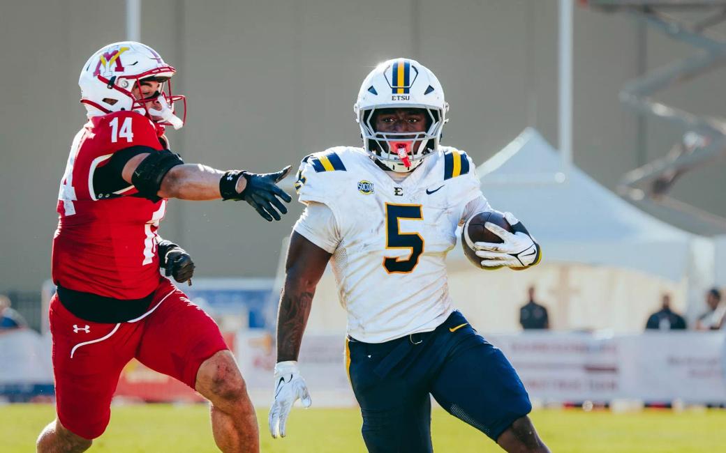 ETSU running back TJ Peyton carries the ball against VMI on Oct. 24, 2026, in Lexington, Va.
