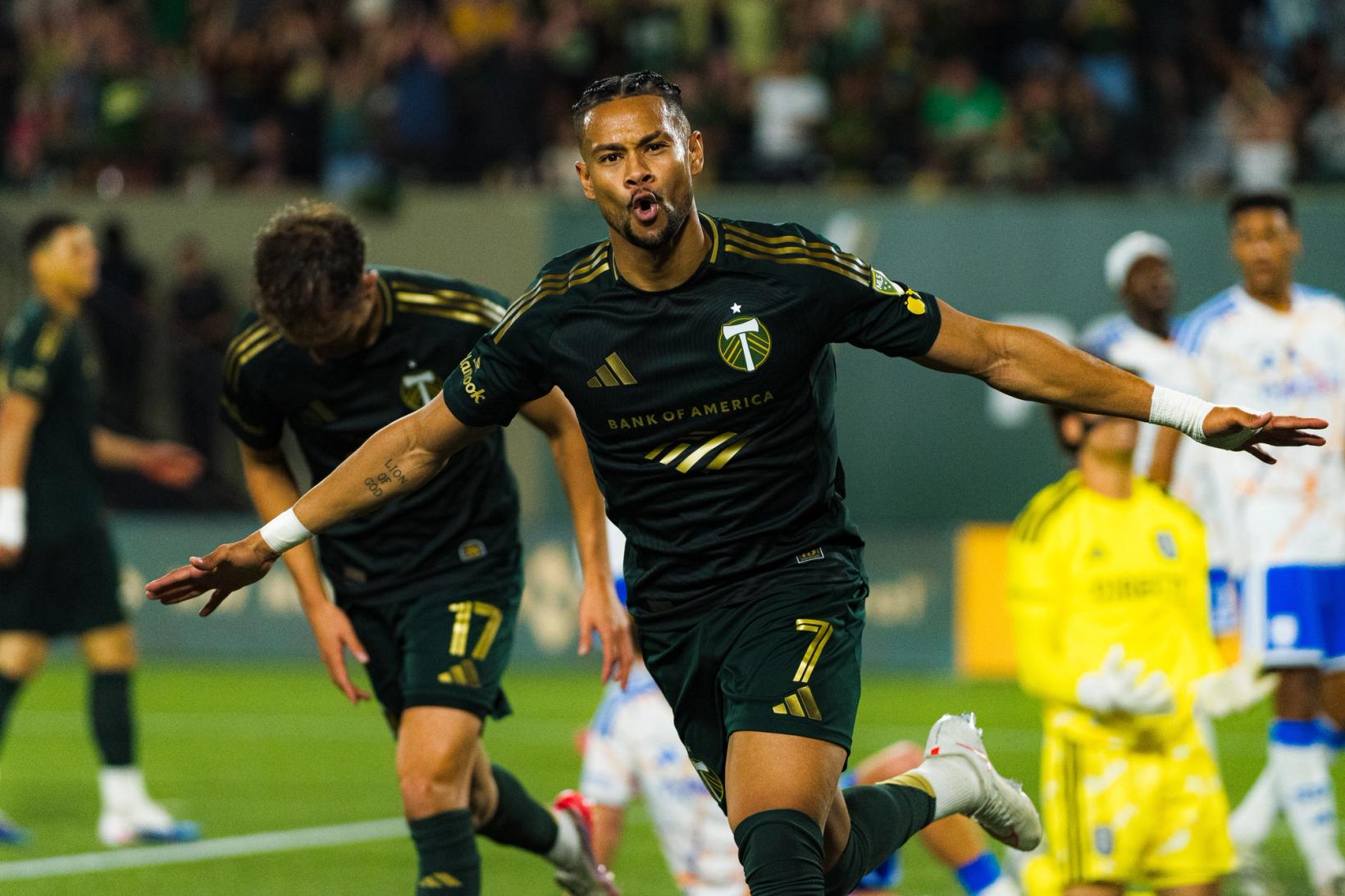 Portland Timbers winger Ariel Lassiter celebrates after scoring the go-ahead goal against San Diego FC during the August 20, 2026 MLS match at Providence Park.
