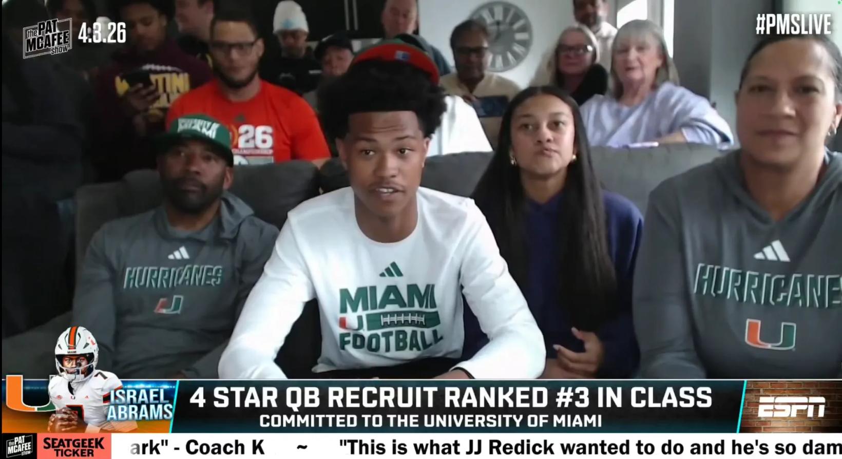 The U Just Found Its Future: Israel Abrams Commits to Miami on Pat McAfee, and It Feels Like a Statement