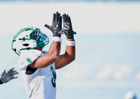Dartmouth running back Myles Craddock raises his hands to celebrate a score during Dartmouth's 38-18 win at Columbia on Oct. 24, 2026