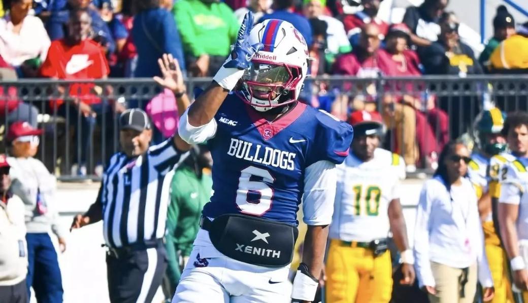A South Carolina State player in a blue No. 6 jersey celebrates during the Bulldogs' Homecoming win over Norfolk State on Oct. 24, 2026.