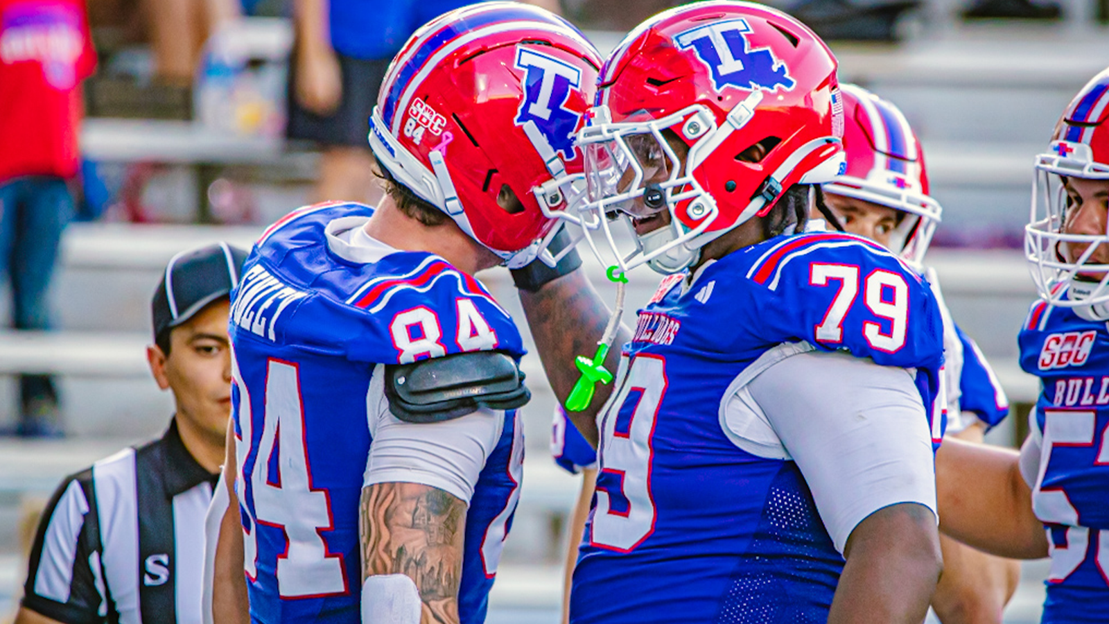 Louisiana Tech tight end Eli Finley (84) and teammate Ashanti Cole (79) touch helmets in celebration during the Bulldogs' 26-0 homecoming win over Old Dominion at Joe Aillet Stadium on Oct. 24, 2026