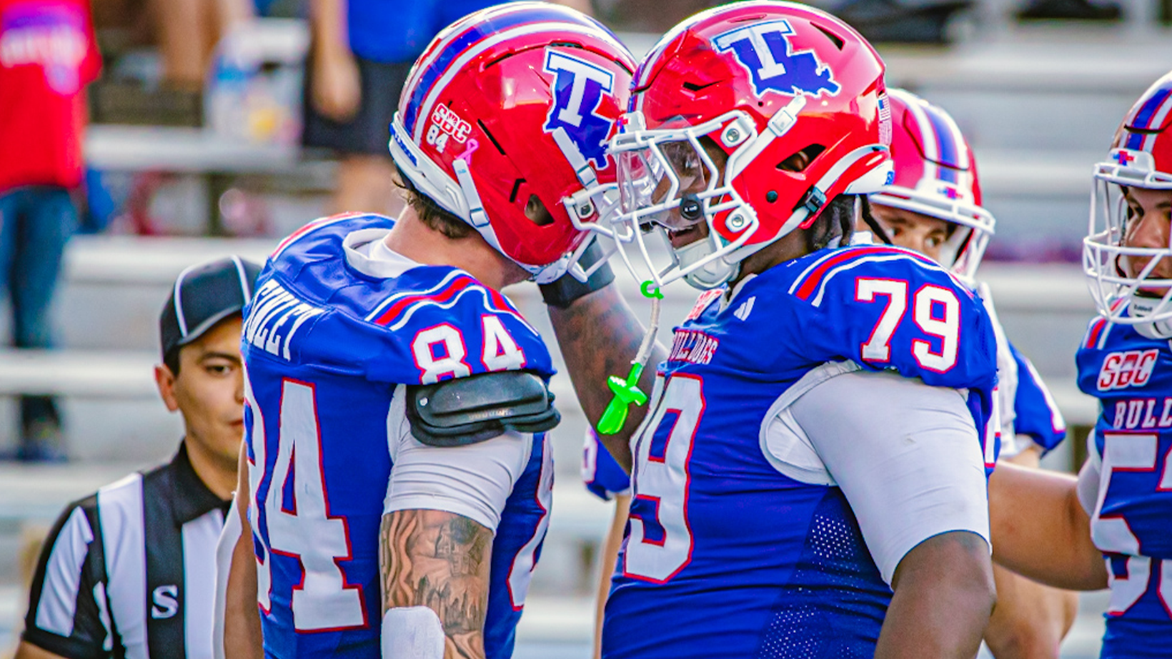 Louisiana Tech tight end Eli Finley (84) and teammate Ashanti Cole (79) touch helmets in celebration during the Bulldogs' 26-0 homecoming win over Old Dominion at Joe Aillet Stadium on Oct. 24, 2026
