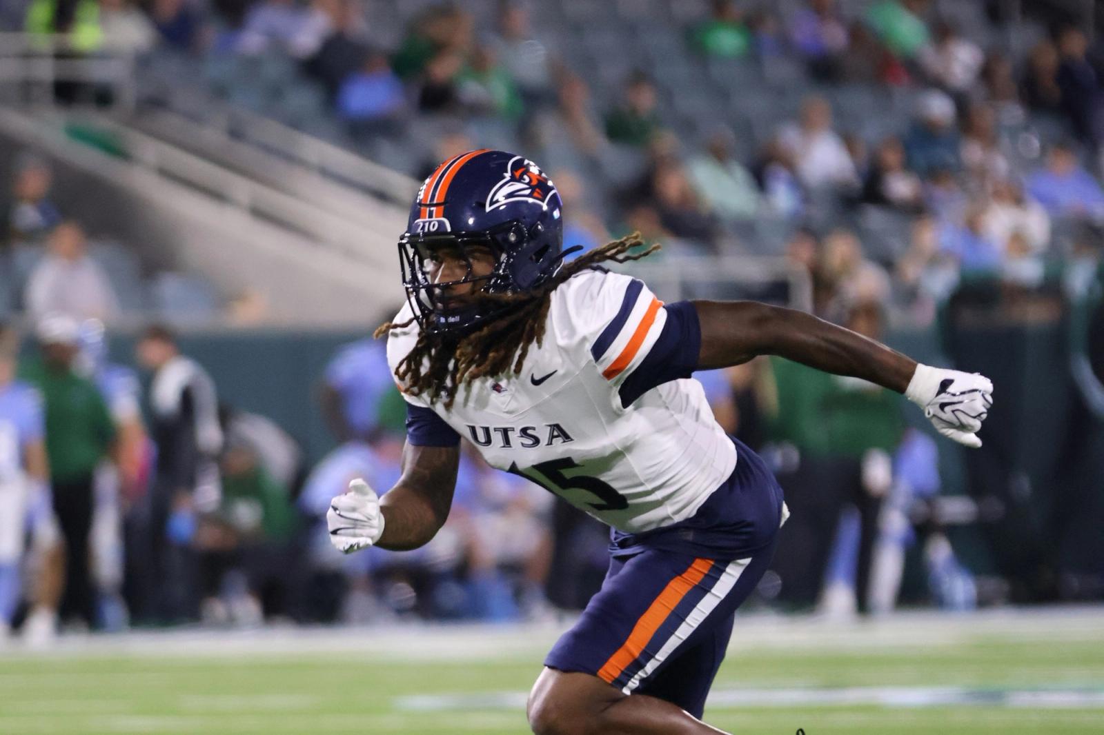 A UTSA player reacts on the field during the Roadrunners' win over Tulane at Yulman Stadium on October 24, 2026.