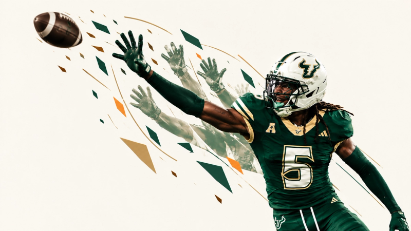 Graphic of USF Bulls safety Ayden Jackson, No. 5, reaching for a football in a green Bulls uniform