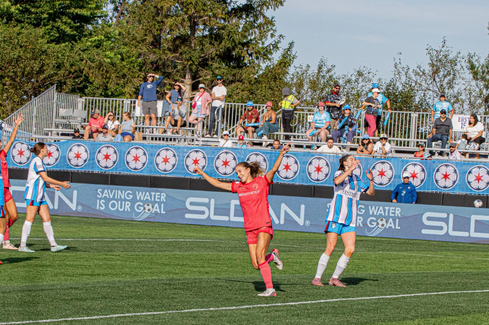 A North Carolina Courage player celebrates after scoring against the Chicago Stars FC during the September 6, 2026 match at Martin Stadium in Evanston, Illinois.
