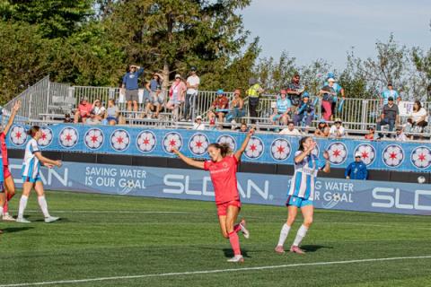 A North Carolina Courage player celebrates after scoring against the Chicago Stars FC during the September 6, 2026 match at Martin Stadium in Evanston, Illinois.