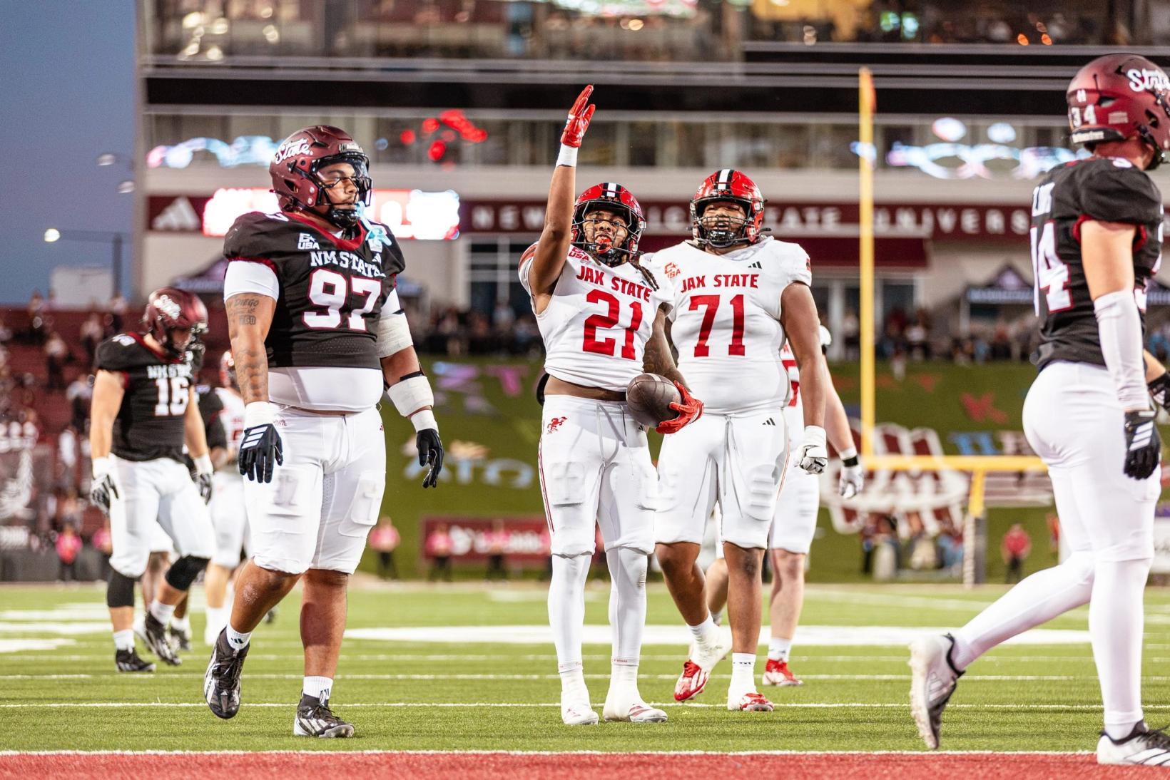 Jacksonville State's Justus Savage signals first down after a run during the Gamecocks' 24-0 win at New Mexico State on Oct. 28, 2026, at Aggie Memorial Stadium in Las Cruces, N.M.