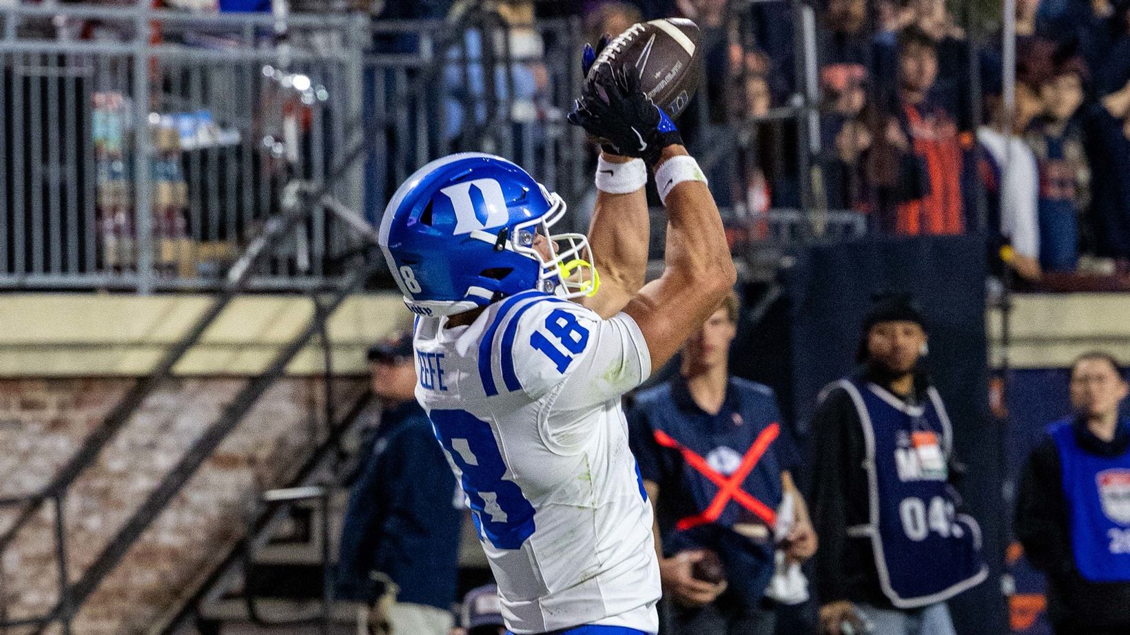 Duke freshman wide receiver Brody Keefe, in a blue helmet and white jersey, catches the game-winning touchdown pass in Duke's 19-16 win at Virginia on Oct. 23, 2026.