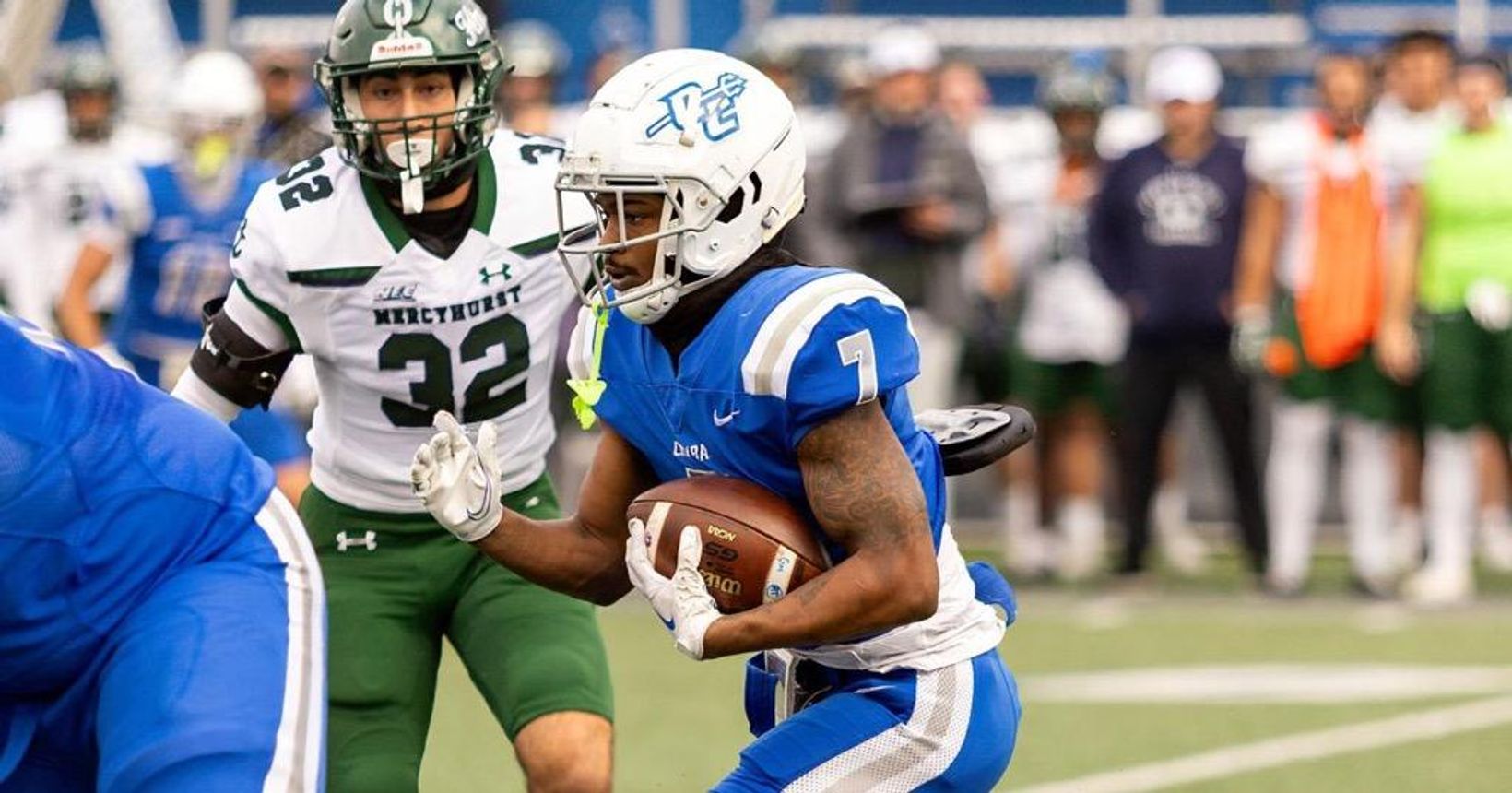 Central Connecticut and Mercyhurst players during the Blue Devils' NEC title-clinching win in November 2025; used with Central Connecticut's 49-14 win over Robert Morris on Oct. 31, 2026