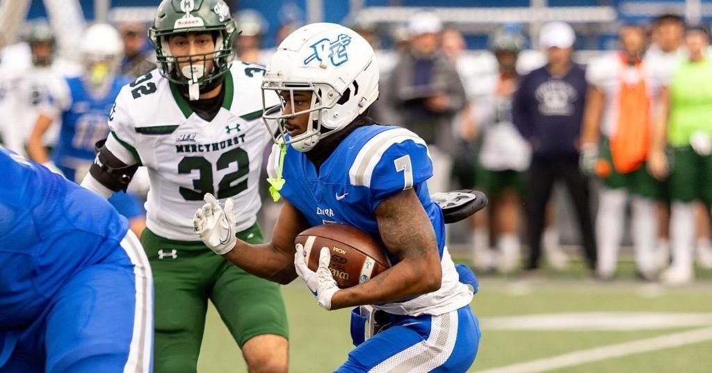 Central Connecticut and Mercyhurst players during the Blue Devils' NEC title-clinching win in November 2025; used with Central Connecticut's 49-14 win over Robert Morris on Oct. 31, 2026