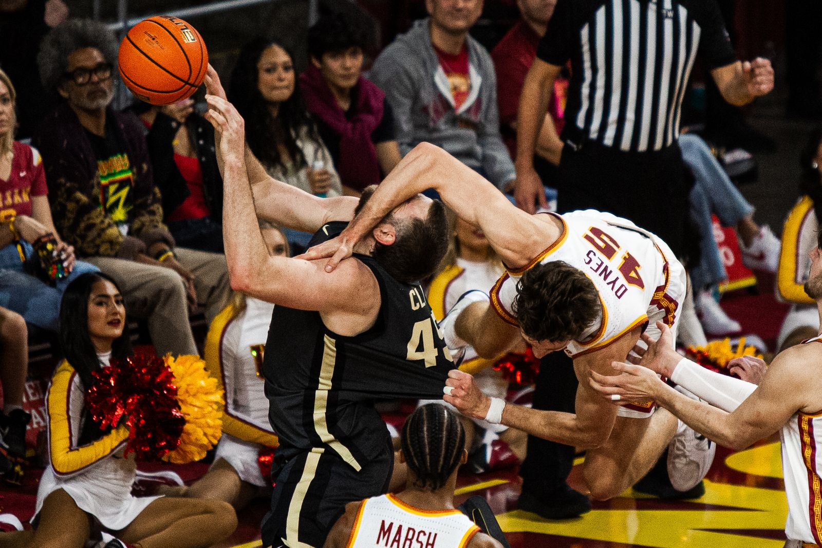 Purdue and USC players battle under the basket during the January 17, 2026 game at the Galen Center in Los Angeles.