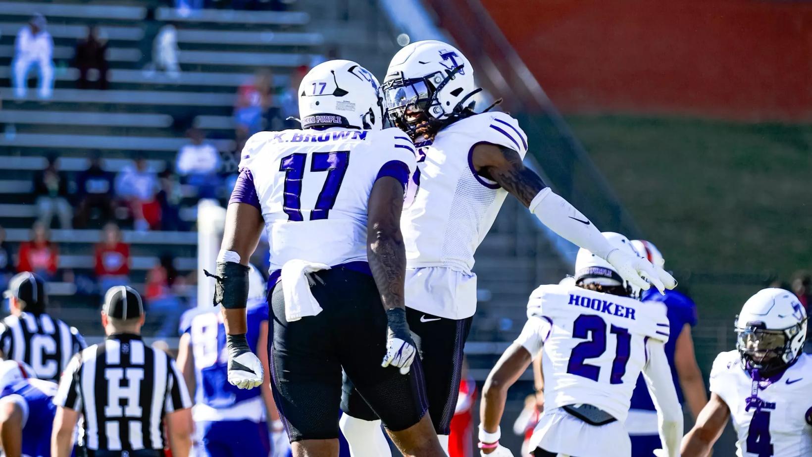 Tarleton State linebacker Kaleb Brown (17) celebrates with teammates on the field at University Stadium during Tarleton's 49-6 win at West Georgia on Oct. 24, 2026