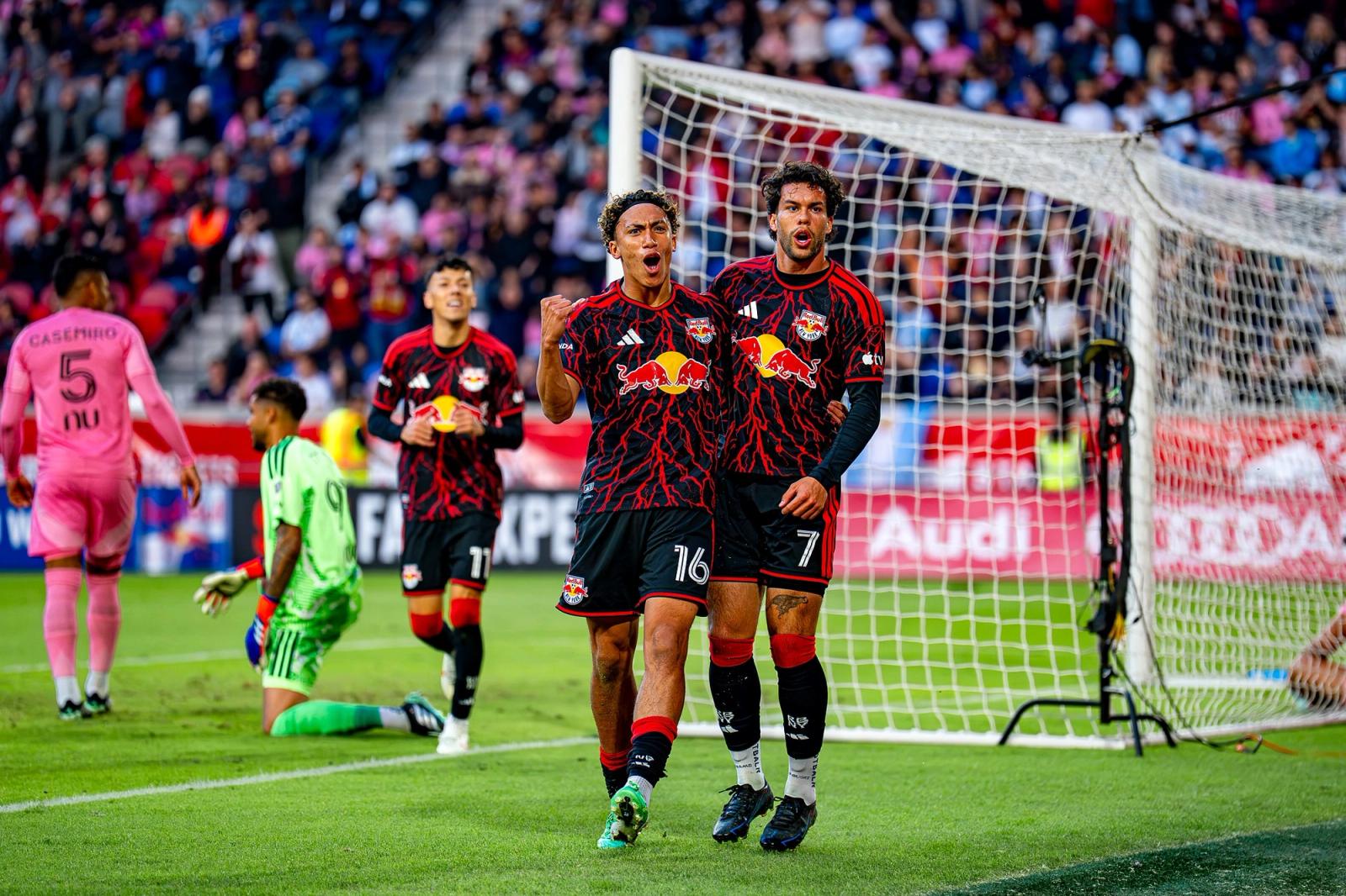 Red Bull New York players gather in front of the Inter Miami goal during the match at Sports Illustrated Stadium on October 24, 2026.
