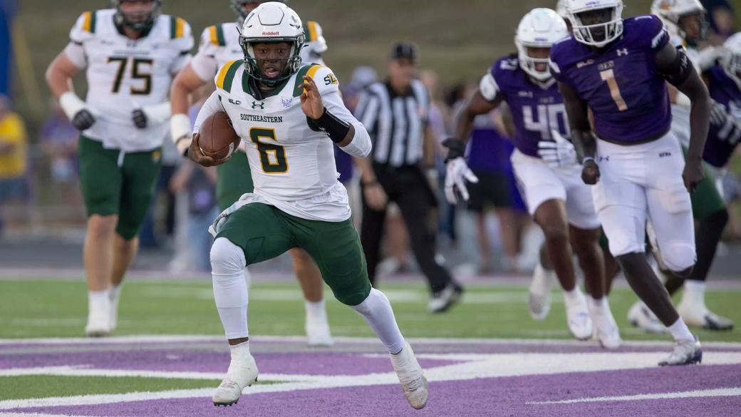Southeastern Louisiana quarterback Kyle Lowe (6) breaks free on a run as Stephen F. Austin defenders in purple chase during SFA's 45-24 win at Homer Bryce Stadium on Oct. 24, 2026