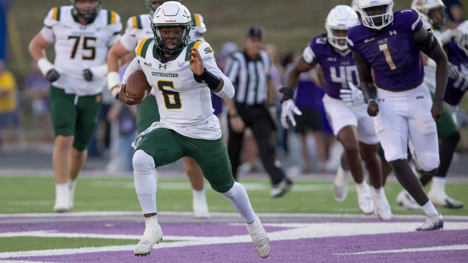 Southeastern Louisiana quarterback Kyle Lowe (6) breaks free on a run as Stephen F. Austin defenders in purple chase during SFA's 45-24 win at Homer Bryce Stadium on Oct. 24, 2026