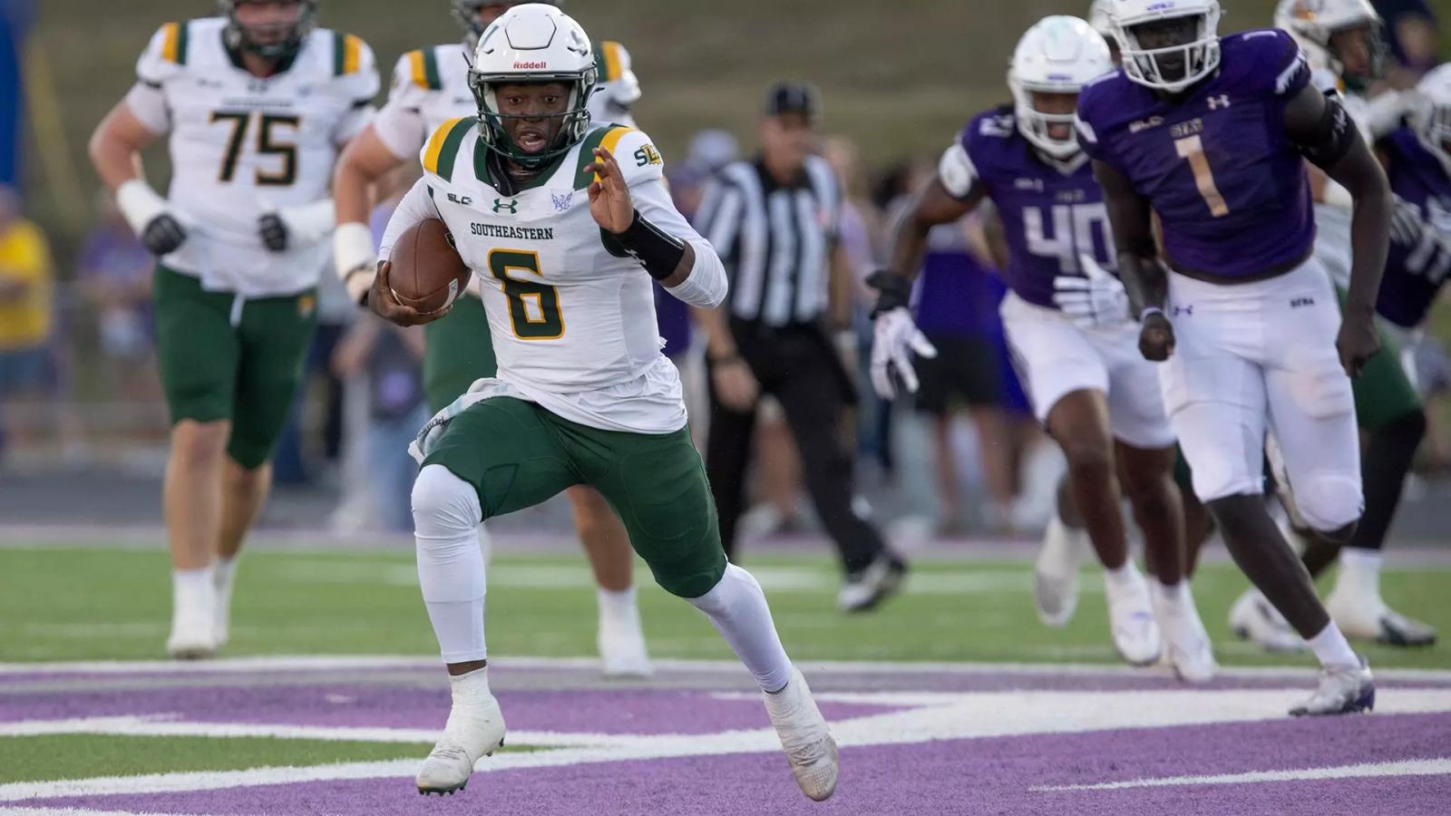Southeastern Louisiana quarterback Kyle Lowe (6) breaks free on a run as Stephen F. Austin defenders in purple chase during SFA's 45-24 win at Homer Bryce Stadium on Oct. 24, 2026