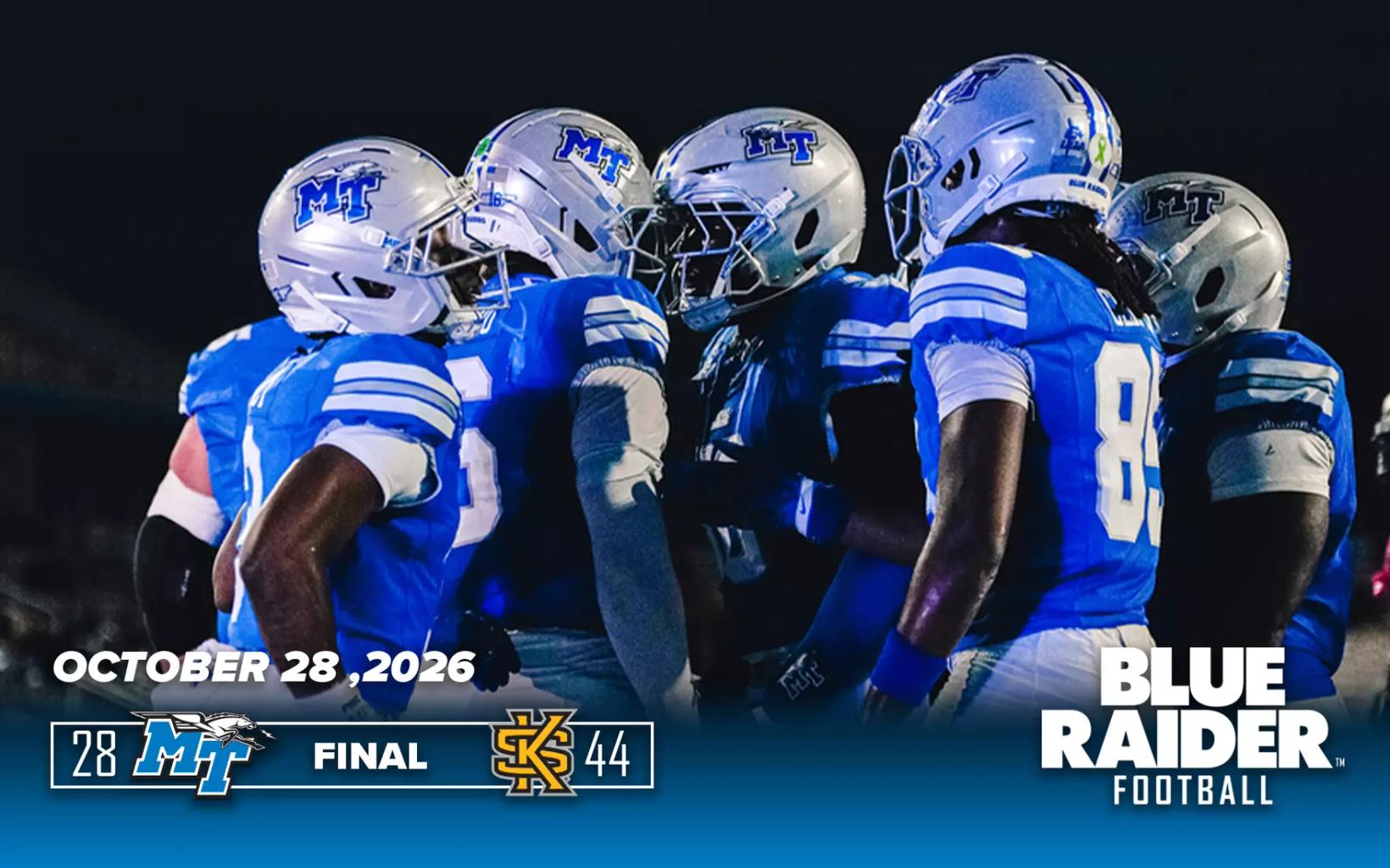 Middle Tennessee and Kennesaw State players during the Blue Raiders' 44-28 loss to the Owls on Oct. 28, 2026, at Johnny Red Floyd Stadium in Murfreesboro, Tenn.