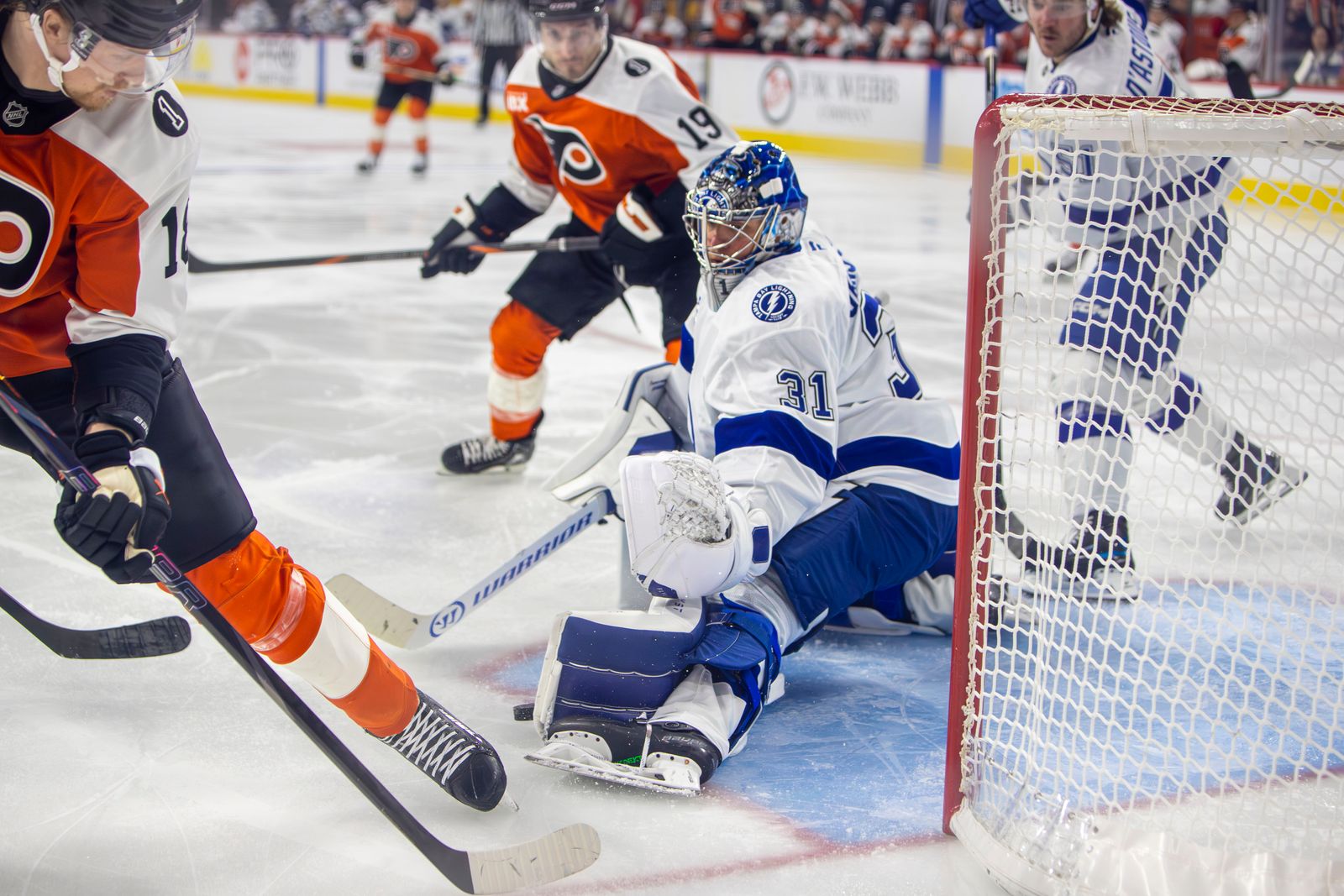 Lightning goaltender Jonas Johansson makes a save during the January 12, 2026 game against the Flyers at Xfinity Mobile Arena in Philadelphia.