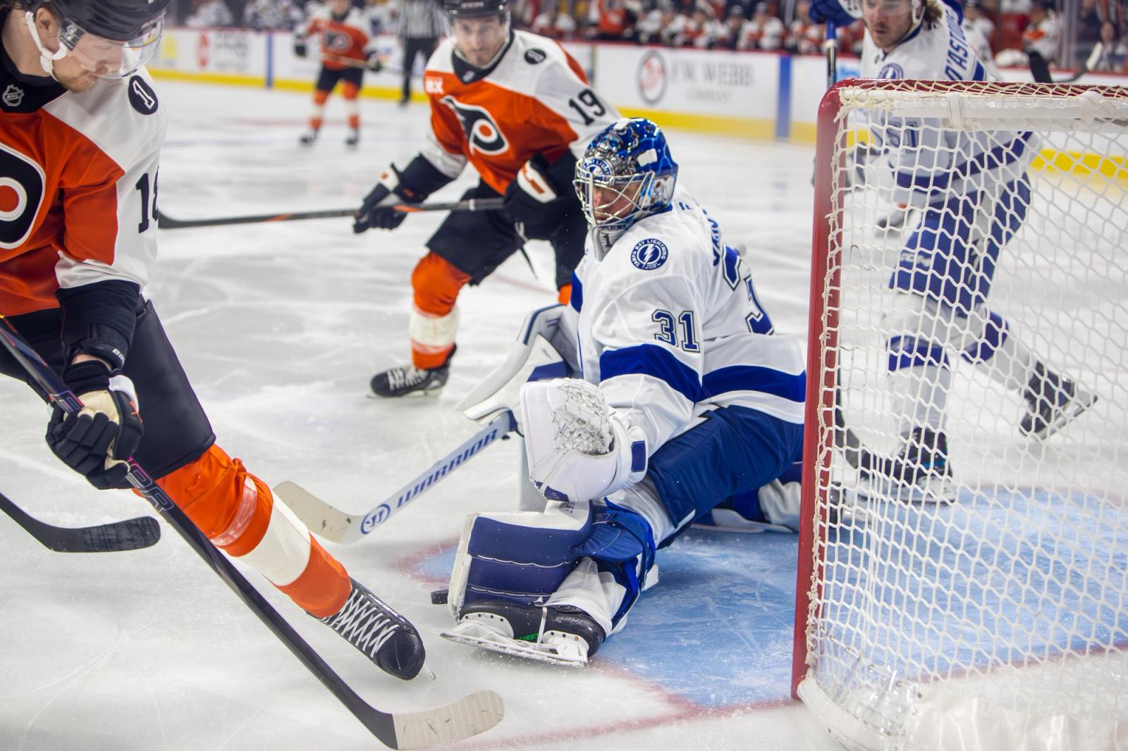 Lightning goaltender Jonas Johansson makes a save during the January 12, 2026 game against the Flyers at Xfinity Mobile Arena in Philadelphia.