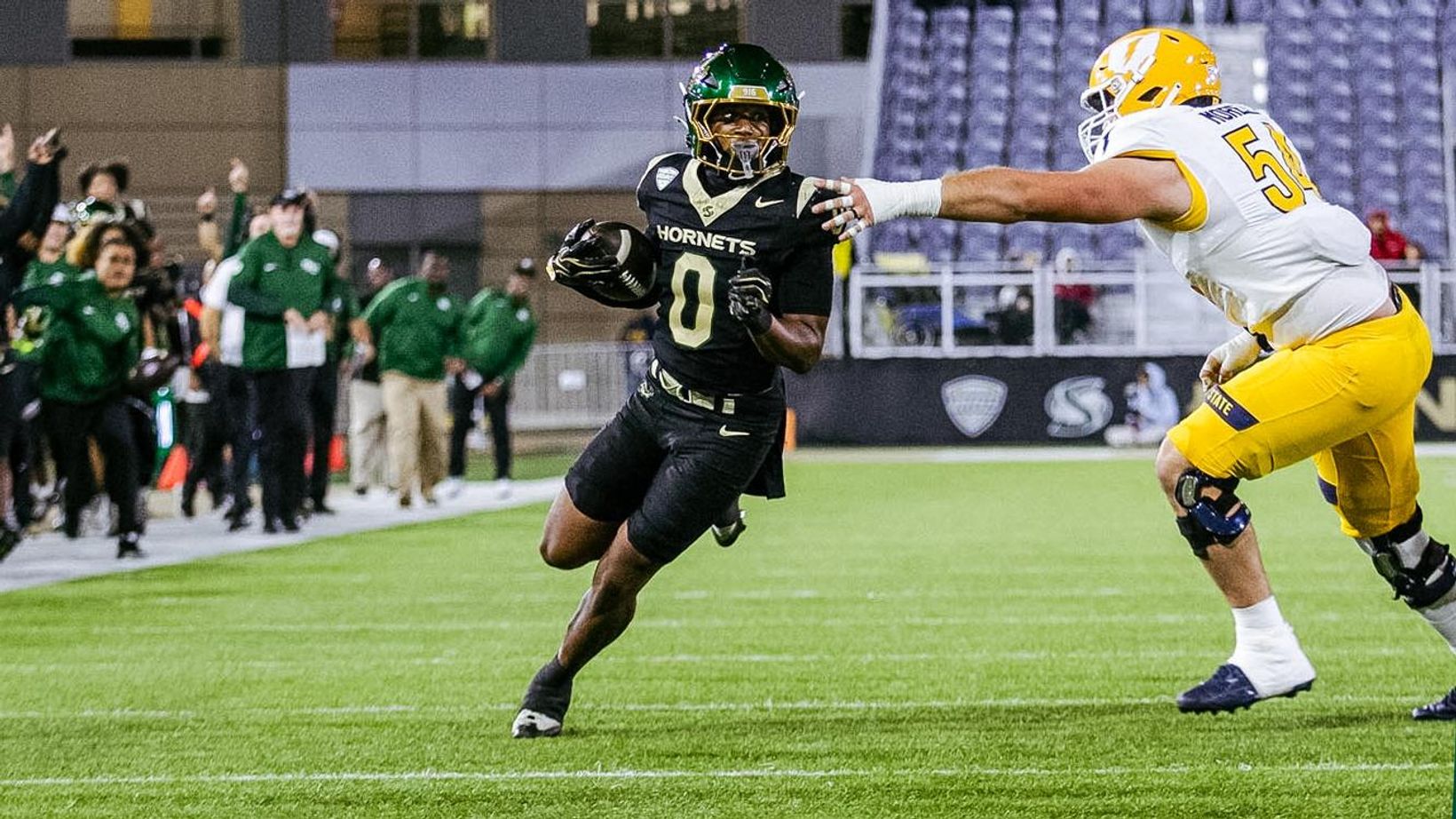 Sacramento State's Donovan Turner on an interception during the Hornets' 31-10 win over Kent State on Oct. 30, 2026, at Hornet Stadium in Sacramento
