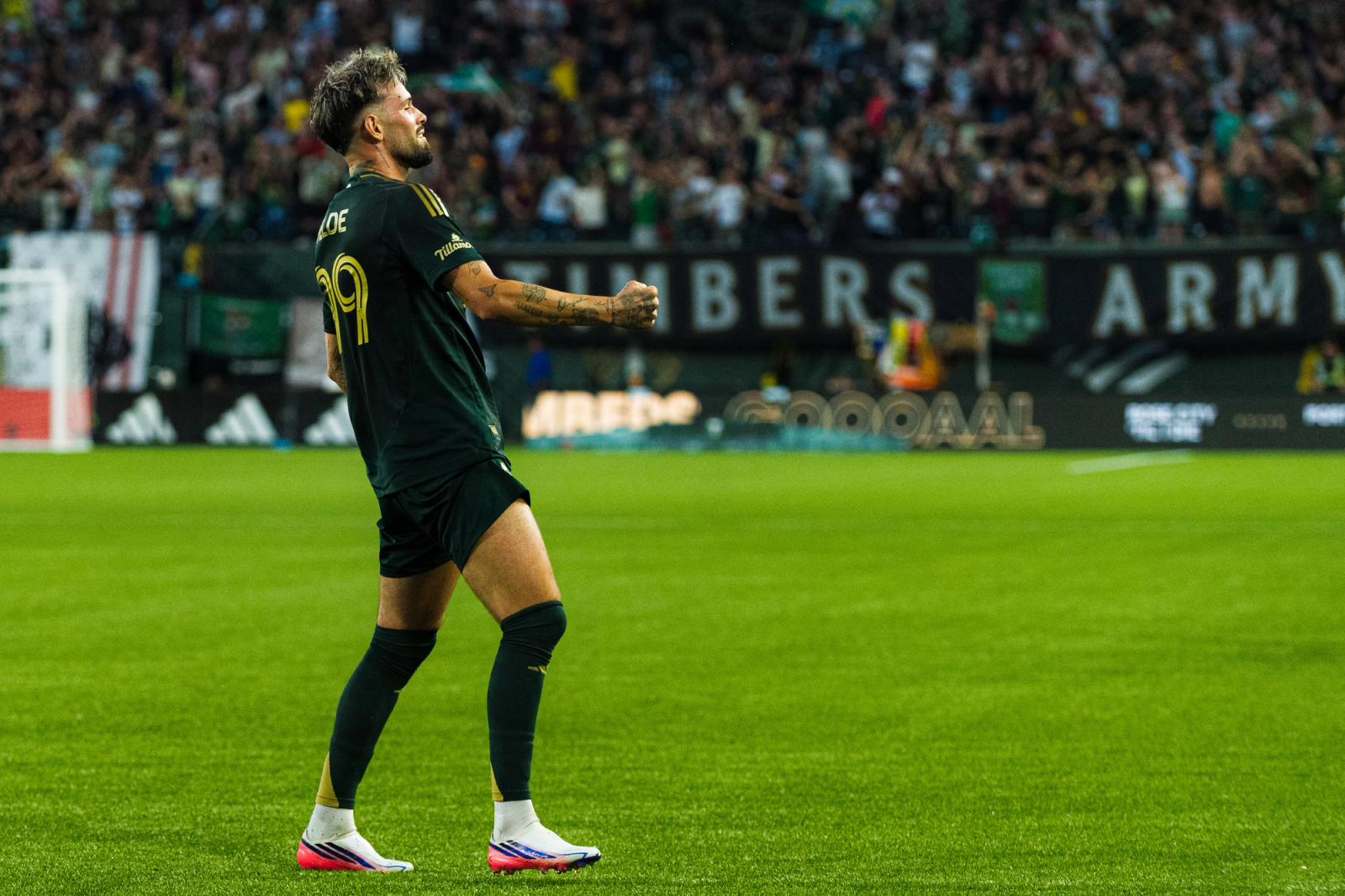 Portland Timbers winger Kristoffer Velde celebrates after scoring against San Diego FC during the August 20, 2026 MLS match at Providence Park.