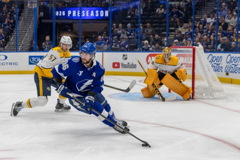 Nikita Kucherov controls the puck against Nashville Predators in preseason — Photo Credit: Samantha Diane/Undrafted