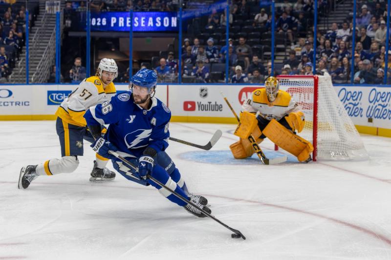 Nikita Kucherov controls the puck against Nashville Predators in preseason — Photo Credit: Samantha Diane/Undrafted