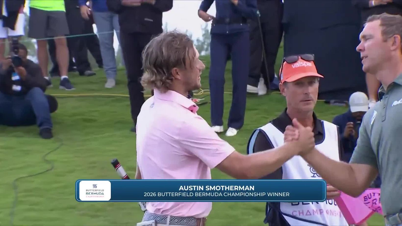 Austin Smotherman shakes hands after winning the Butterfield Bermuda Championship playoff at Port Royal Golf Course on October 26, 2026.
