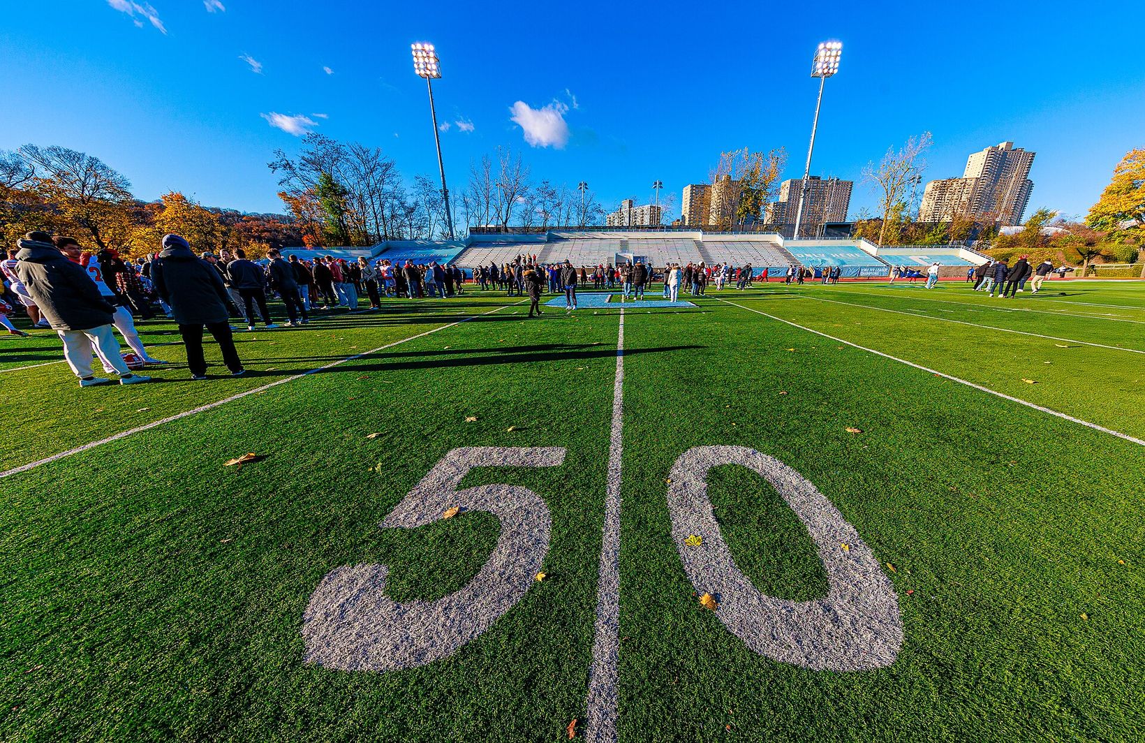 The 50-yard line at Robert K. Kraft Field at Lawrence A. Wien Stadium, Columbia's home field, where Yale beat Columbia 26-8 on Oct. 31, 2026 (stadium file photo)