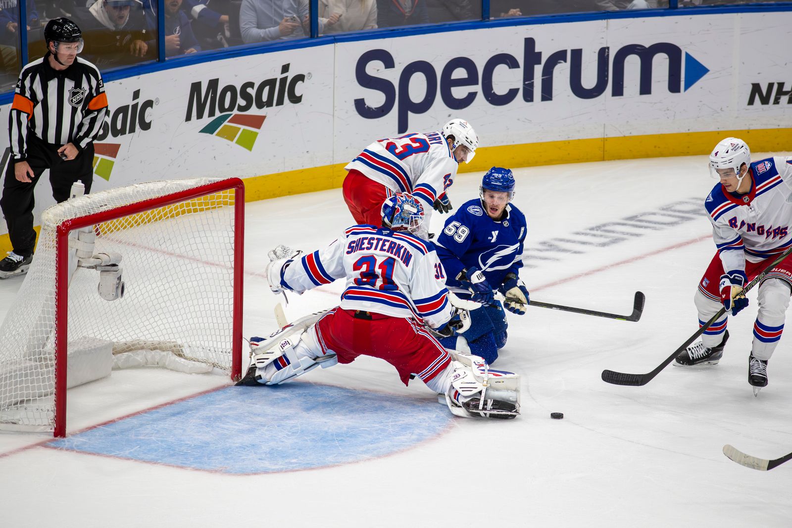 Rangers goaltender Igor Shesterkin makes a save during the November 12, 2025 game against the Lightning at Benchmark International Arena in Tampa.
