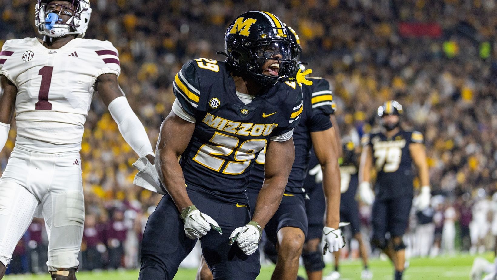 Missouri running back Ahmad Hardy (29) celebrates during Missouri's 49-27 win over Mississippi State at Memorial Stadium on November 15, 2025.