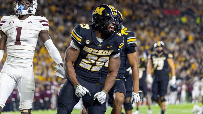 Missouri running back Ahmad Hardy (29) celebrates during Missouri's 49-27 win over Mississippi State at Memorial Stadium on November 15, 2025.