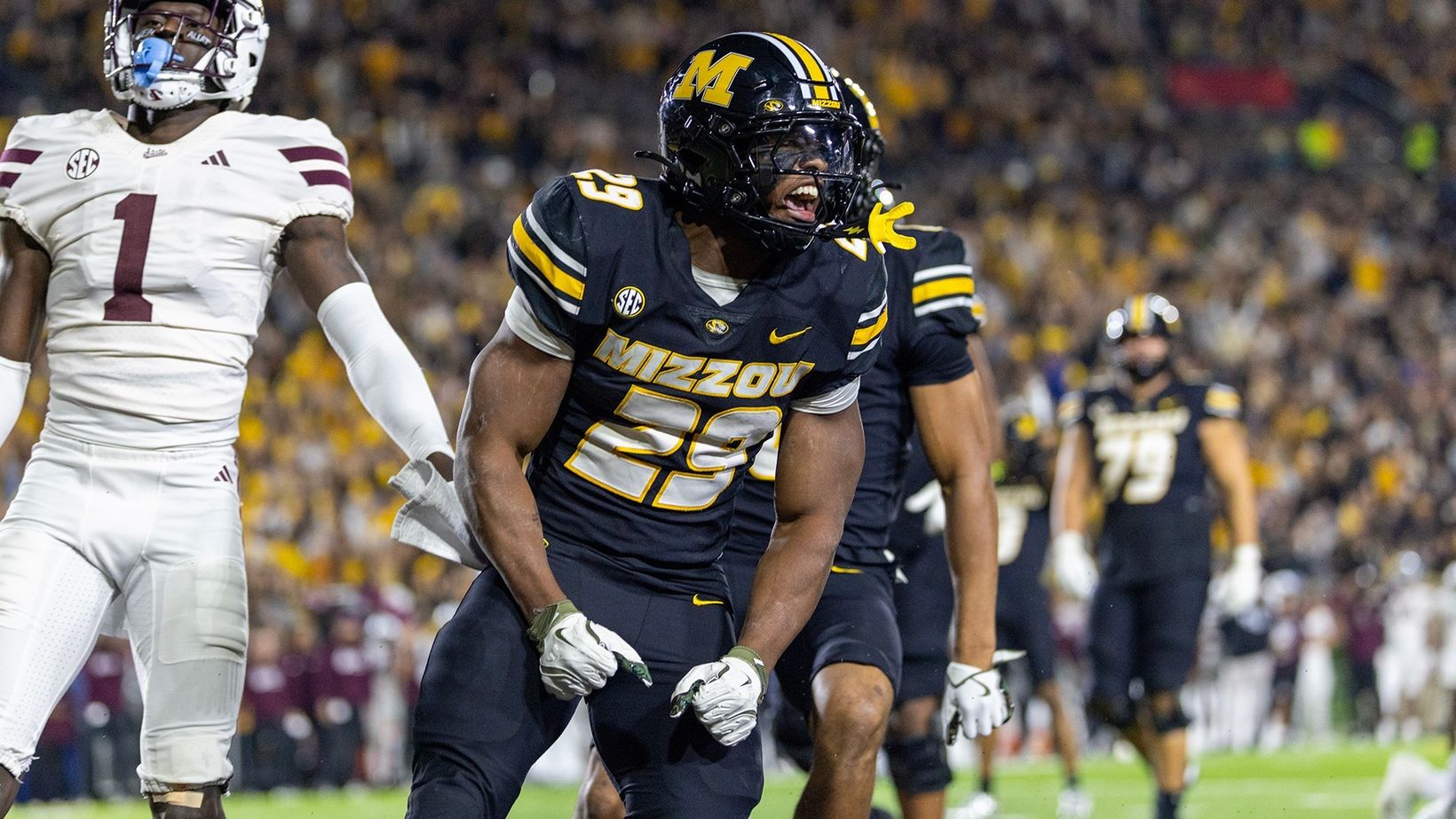 Missouri running back Ahmad Hardy (29) celebrates during Missouri's 49-27 win over Mississippi State at Memorial Stadium on November 15, 2025.