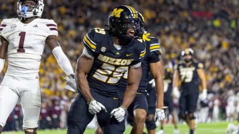 Missouri running back Ahmad Hardy (29) celebrates during Missouri's 49-27 win over Mississippi State at Memorial Stadium on November 15, 2025.